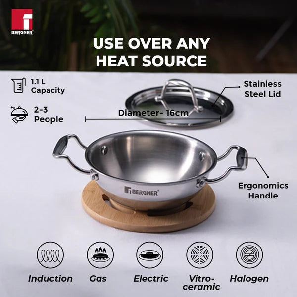 Argent Junior Chef Tri-Ply Stainless Steel Kadai with Stainless Steel Lid - Induction Bottom 16cm BGIN-6908