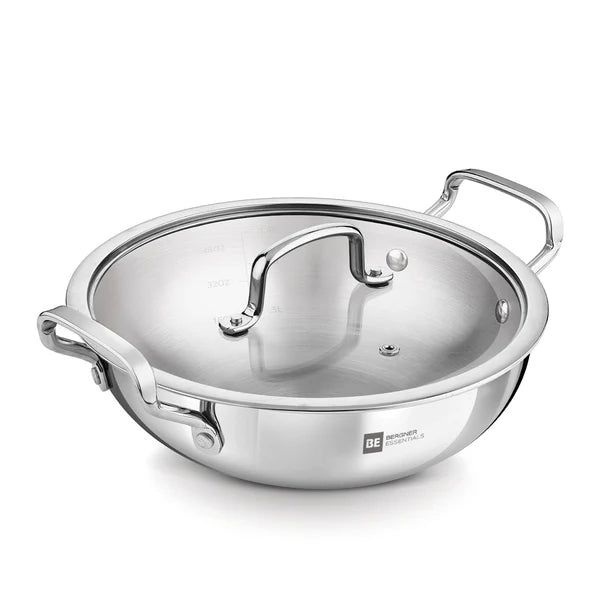 Bergner Essentials Tri-Ply Stainless Steel Kadai - Full Induction Bottom 26cm (3.9 L) BGIN-7313