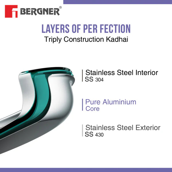 Bergner Essentials Tri-Ply Stainless Steel Kadai - Full Induction Bottom 26cm (3.9 L) BGIN-7313