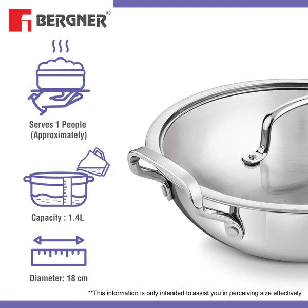 Bergner  Essentials Tri-Ply Stainless Steel Kadai - Full Induction Bottom 18cm (1.4 L) BGIN-7309
