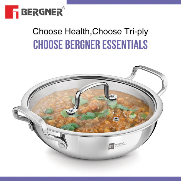 Bergner Essentials Tri-Ply Stainless Steel Kadai - Full Induction Bottom 26cm (3.9 L) BGIN-7313