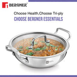 Bergner Essentials Tri-Ply Stainless Steel Kadai - Full Induction Bottom 26cm (3.9 L) BGIN-7313