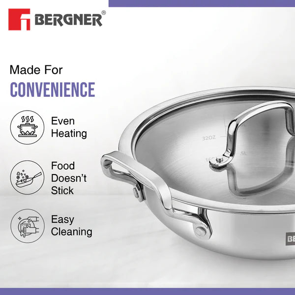 Bergner Essentials Tri-Ply Stainless Steel Kadai - Full Induction Bottom 26cm (3.9 L) BGIN-7313