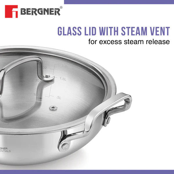 Bergner Essentials Tri-Ply Stainless Steel Kadai - Full Induction Bottom 26cm (3.9 L) BGIN-7313