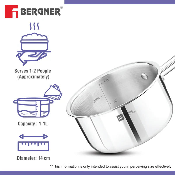 Bergner Essentials Tri-Ply Stainless Steel Teapan / Milk Pan - Full Induction Bottom 18cm (2 L) - BGIN-7319
