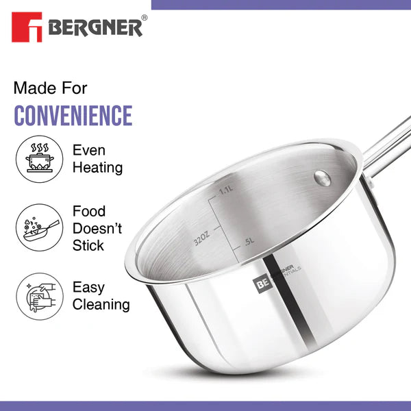 Bergner Essentials Tri-Ply Stainless Steel Teapan / Milk Pan - Full Induction Bottom 18cm (2 L) - BGIN-7319