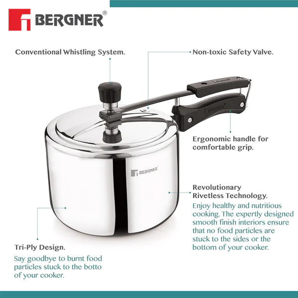 Argent Tri-Ply 18/10 Stainless Steel Inner Lid Pressure Cooker with Rivetless Technology, 2.5 mm Body Thickness – Induction Bottom BGIN-7893