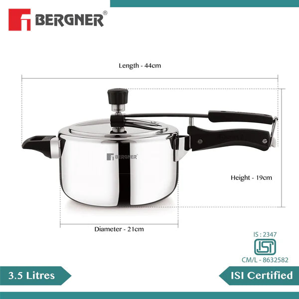 Argent Tri-Ply 18/10 Stainless Steel Inner Lid Pressure Cooker with Rivetless Technology, 2.5 mm Body Thickness - Induction Bottom BGIN-7895