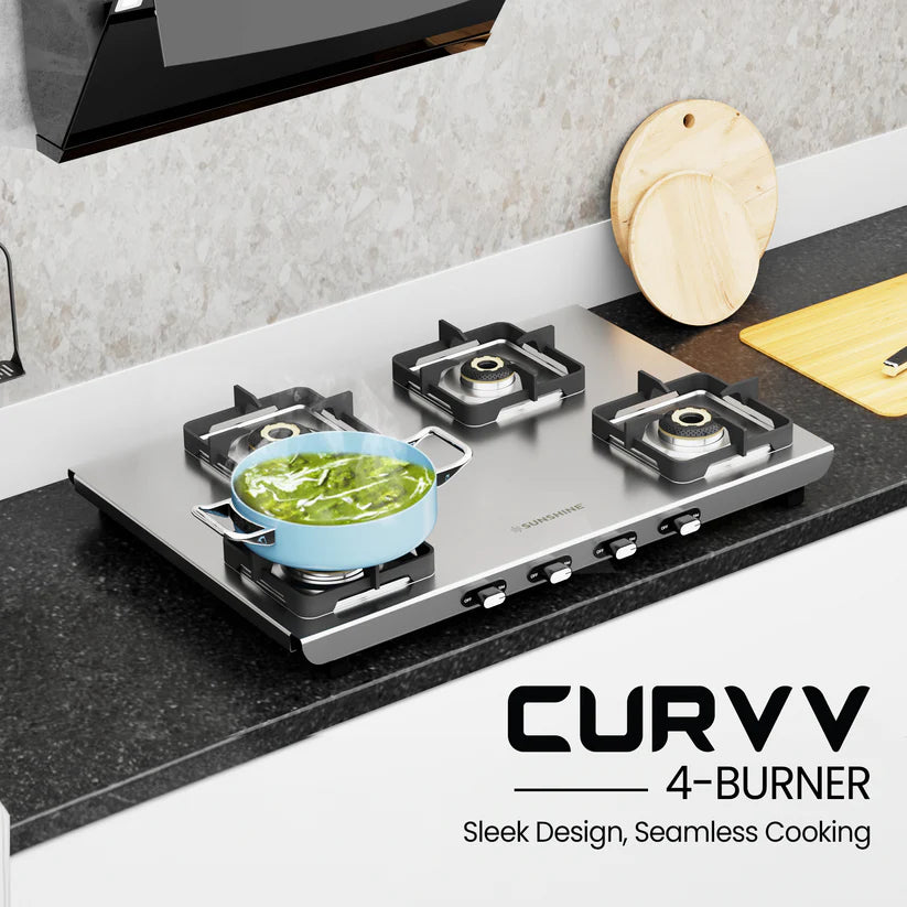 Curvv Matte Stainless Steel Cooktop 4 Burner Manual Ignition