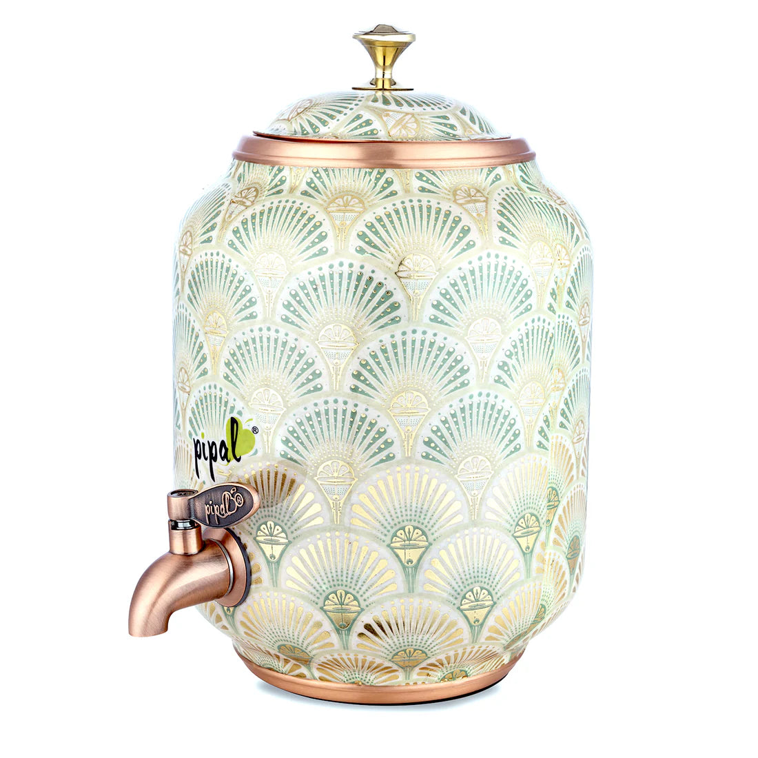 Classical Printed Copper Matka – Mor Pankh Gold | 7 Litre