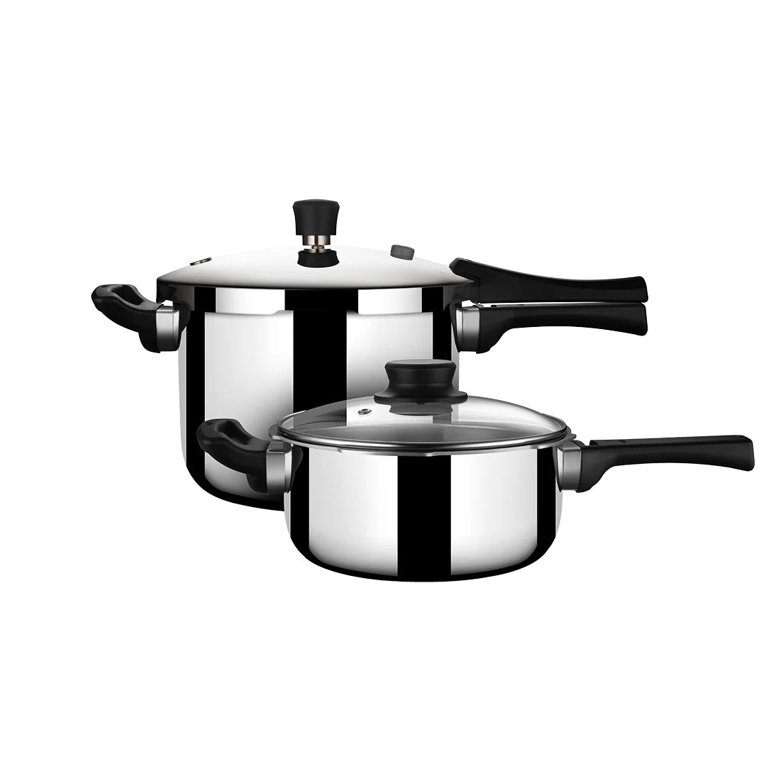 Pressure Cooker Duo 9259 – 3L & 5L Triply Stainless Steel Set with Interchangeable Lids & Resettable Safety Valve