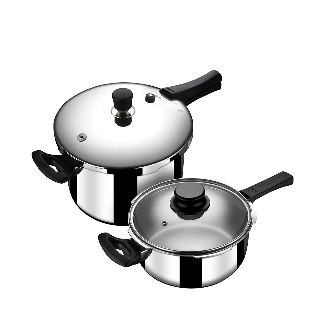 Pressure Cooker Duo 9259 – 3L & 5L Triply Stainless Steel Set with Interchangeable Lids & Resettable Safety Valve