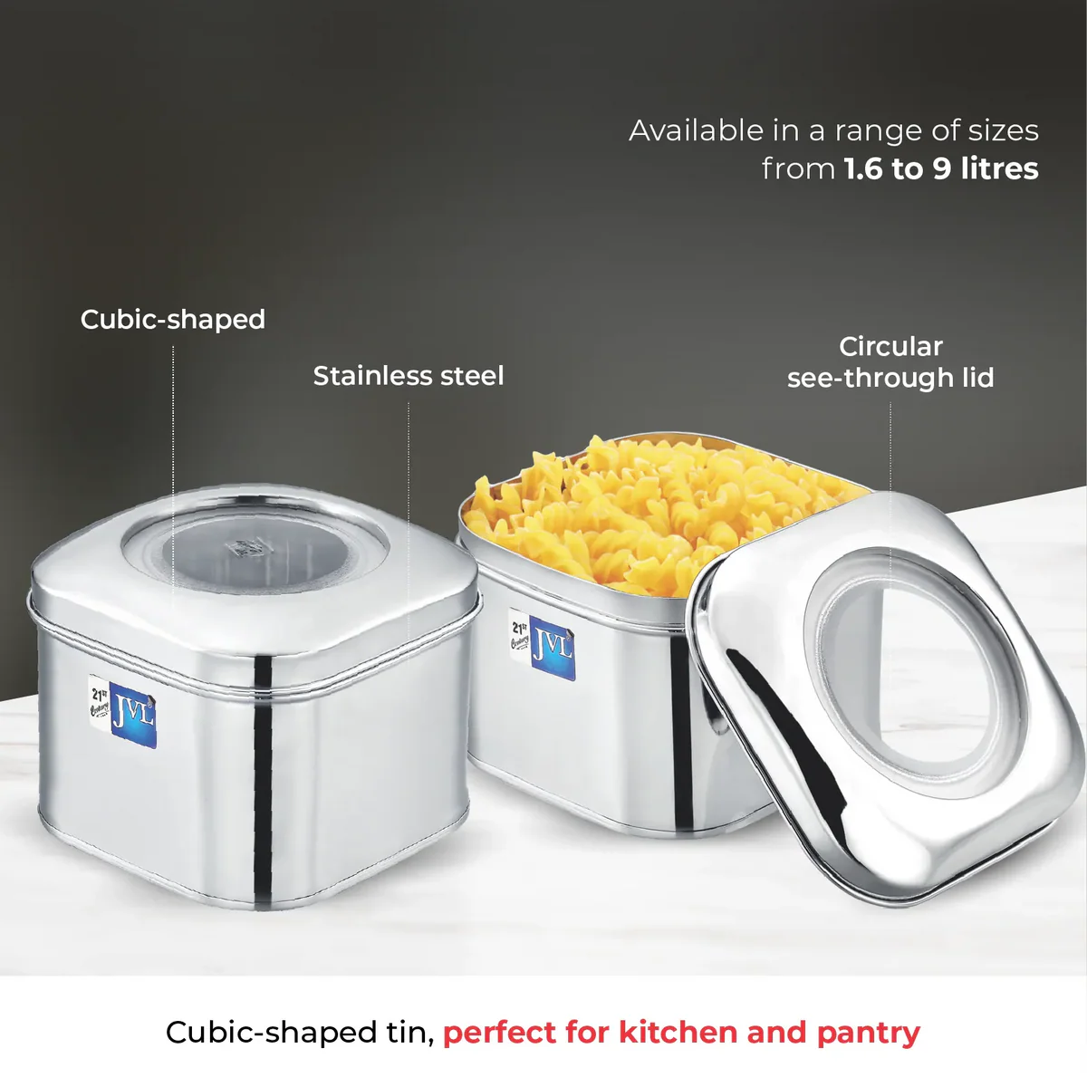JVL Cubic Tin Storage Container Stainless Steel  1.60 L CT - 0