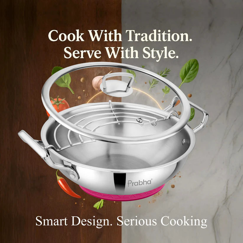 Elante Tri-Ply Kadhai With Glass Lid – 5.5L, 30cm