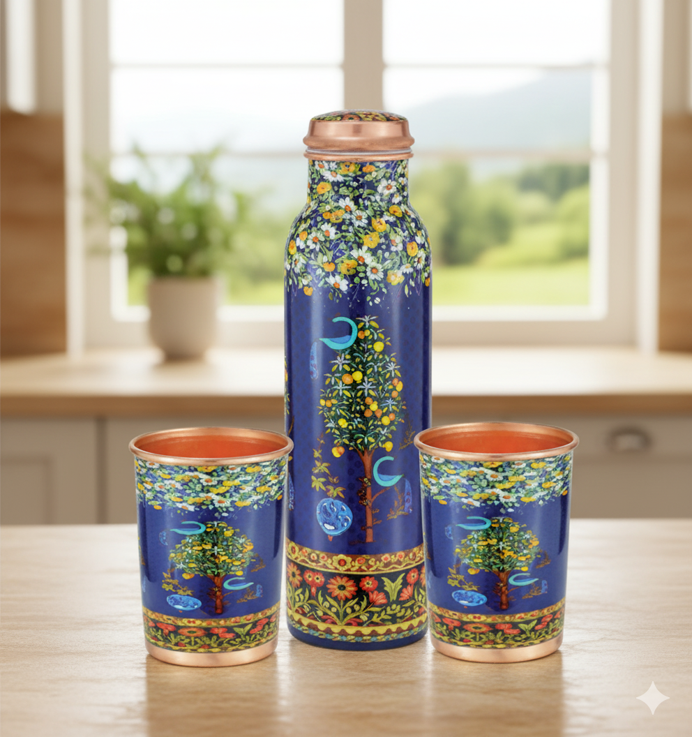 Saanjh - Regular Blue Copper Bottle and Glass Set