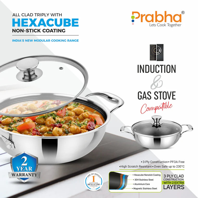 Tri-ply Hexa Cube Kadhai With Lid – 2.8L, 24cm
