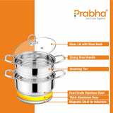 Prabha Stainless Steel Induction Base Steamer With Transparent Glass Lid – 2 Tier