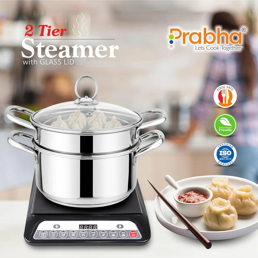 Prabha Stainless Steel Induction Base Steamer With Transparent Glass Lid – 2 Tier