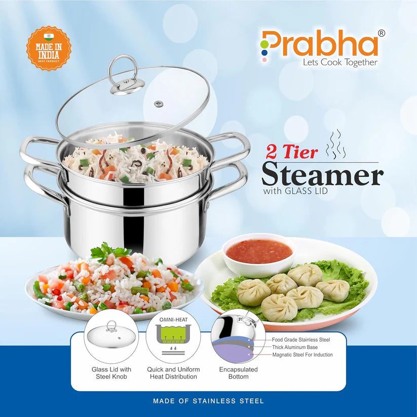 Prabha Stainless Steel Induction Base Steamer With Transparent Glass Lid – 2 Tier