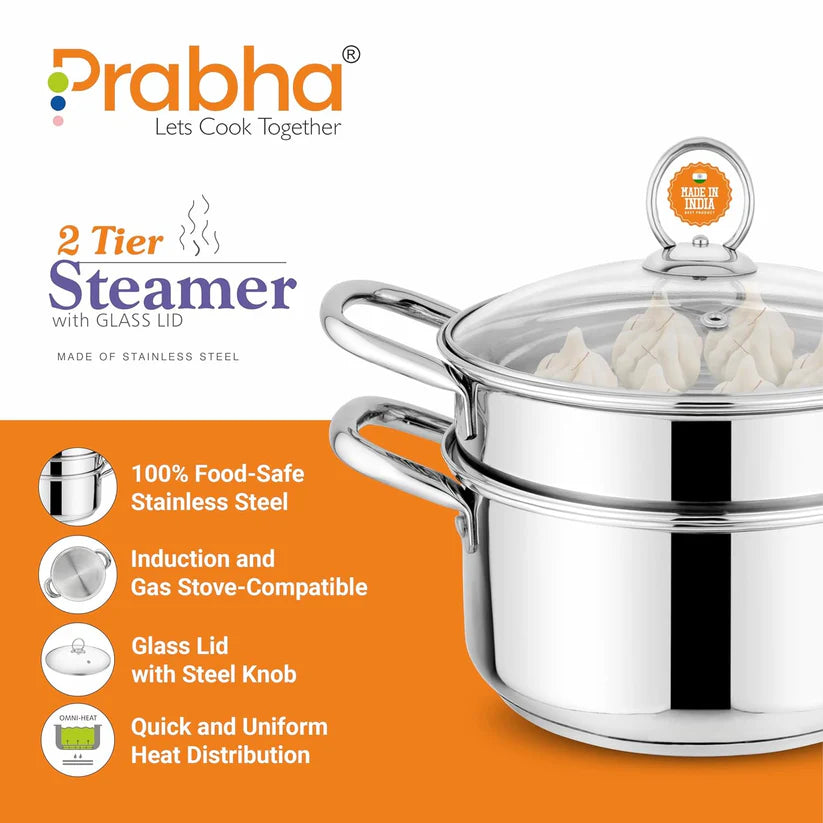 Prabha Stainless Steel Induction Base Steamer With Transparent Glass Lid – 2 Tier