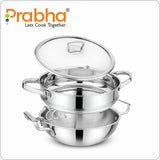 Elante Tri-Ply Kadhai & Steamer With Glass Lid