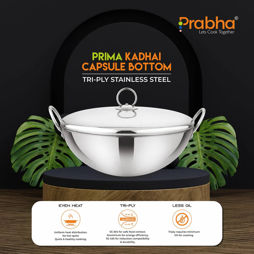 Prima Triply Capsule Bottom Kadhai With Lid – 2.4L, 24cm