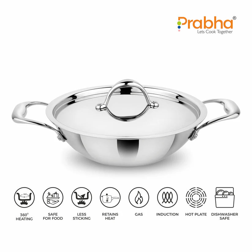 Prima Triply Kadhai Flat Bottom With Lid – 1.4L, 18cm