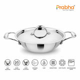 Prima Triply Kadhai Flat Bottom With Lid – 1.4L, 18cm