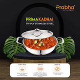 Prima Triply Kadhai Flat Bottom With Lid – 1.4L, 18cm