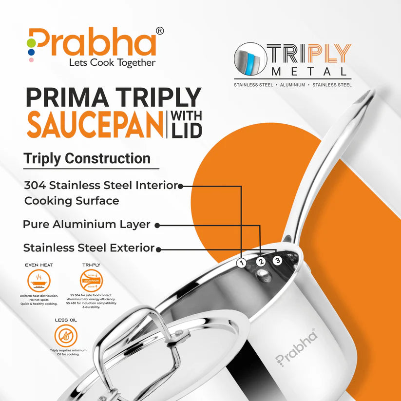 Prima Triply Saucepan With Lid – 2L, 18cm