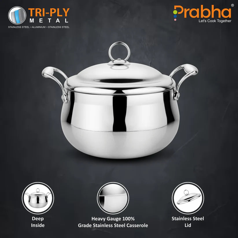 Prima Triply Belly Casserole With Lid – 4.8L, 22cm