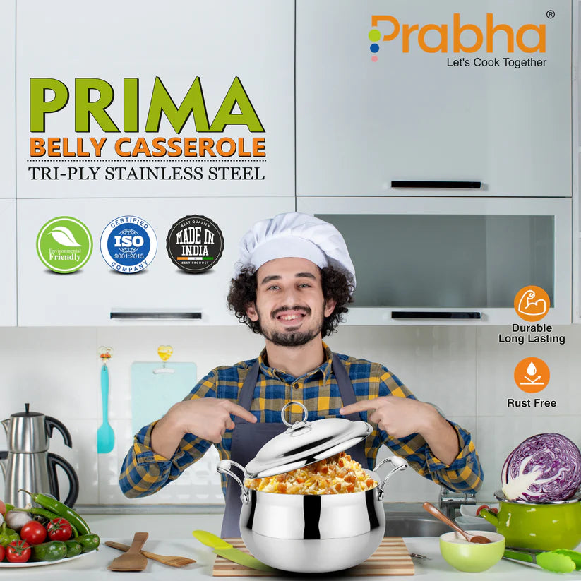 Prima Triply Belly Casserole With Lid – 4.8L, 22cm