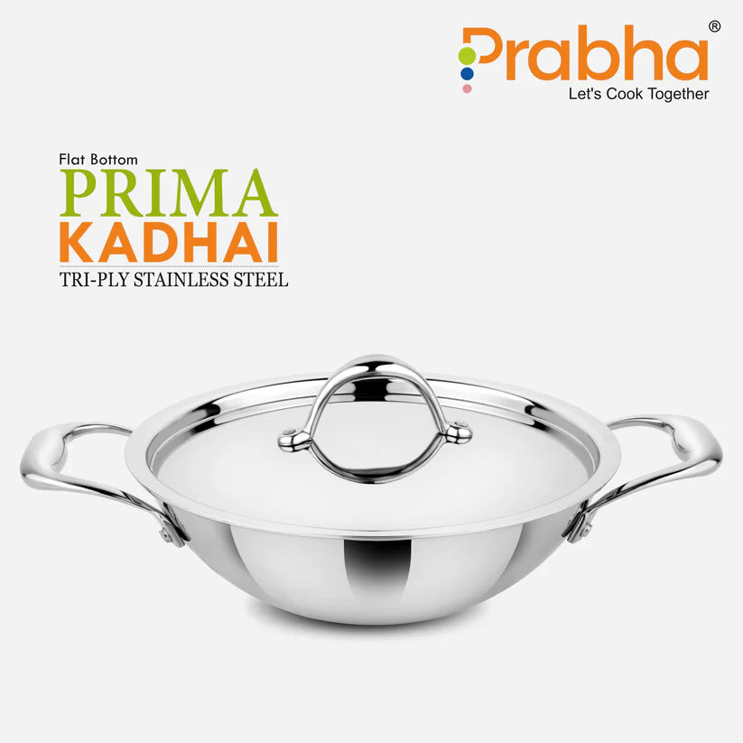 Prima Triply Kadhai Flat Bottom With Lid – 1.4L, 18cm