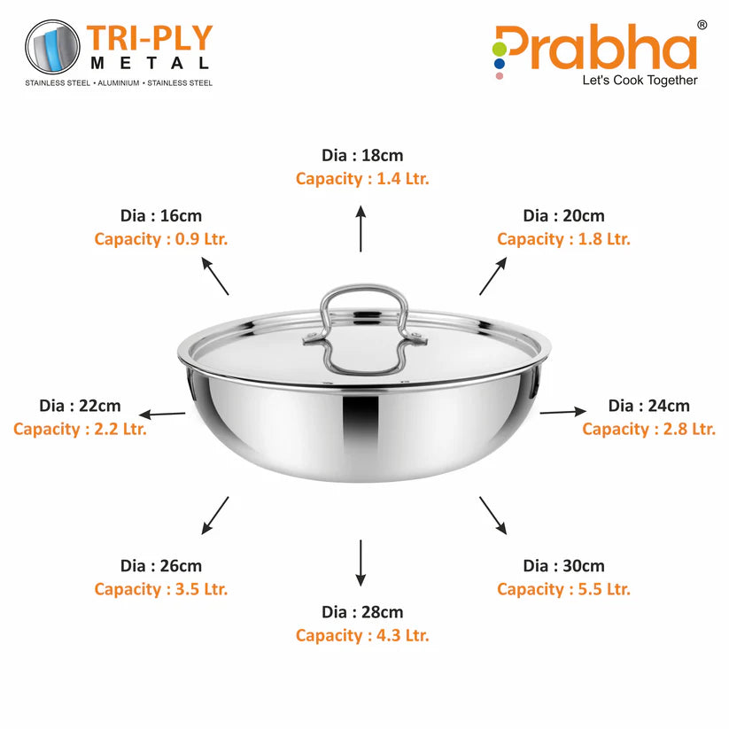 Prima Triply Tasla Flat Base With Lid – 0.9L, 16cm