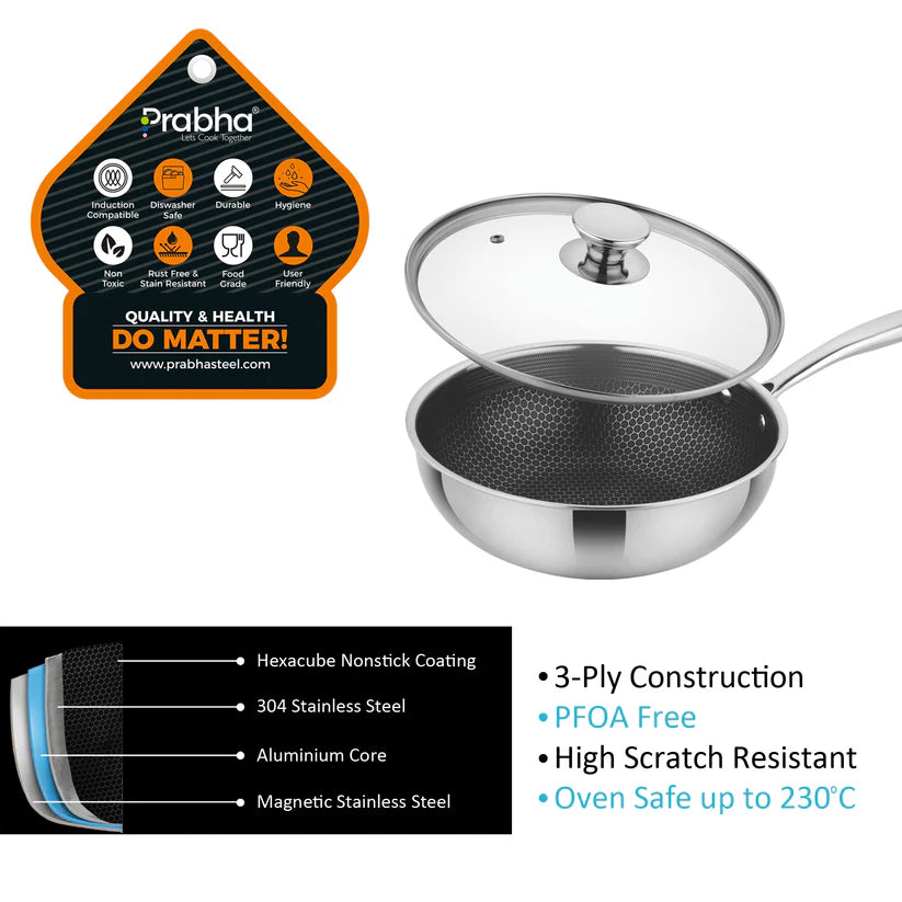 Tri-ply Hexa Cube Wok With Lid – 2.8L, 24cm