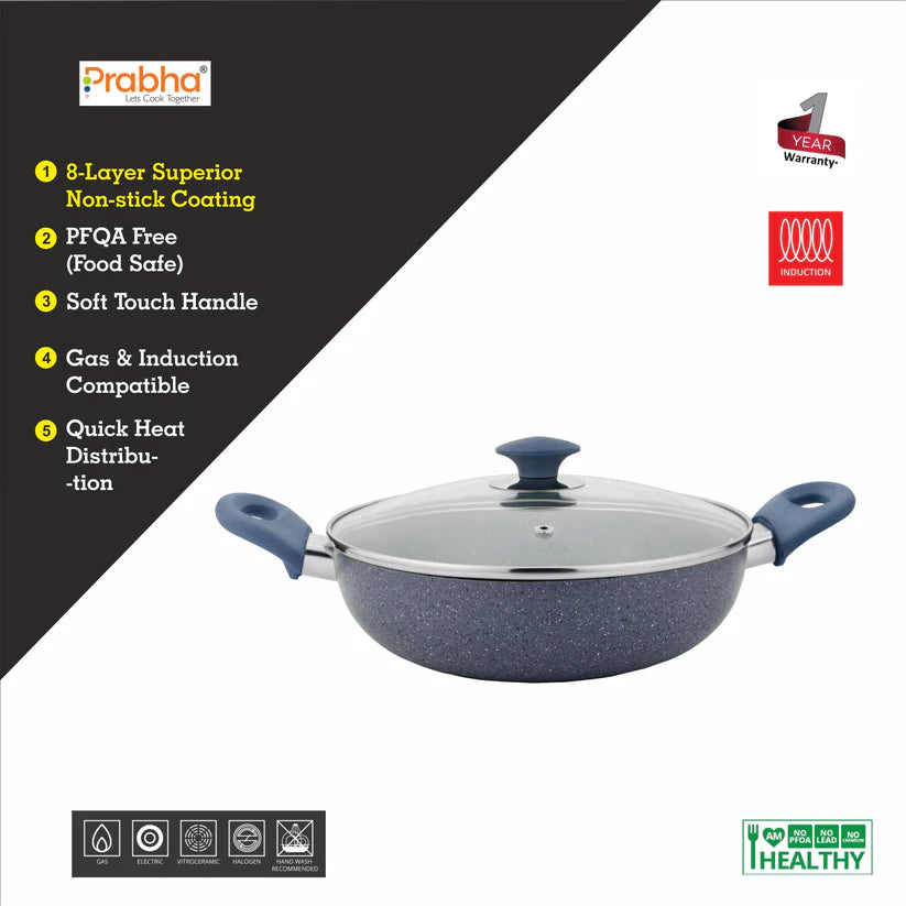 Stella Nonstick Deep Kadhai With Glass Lid 2.4L, 24cm
