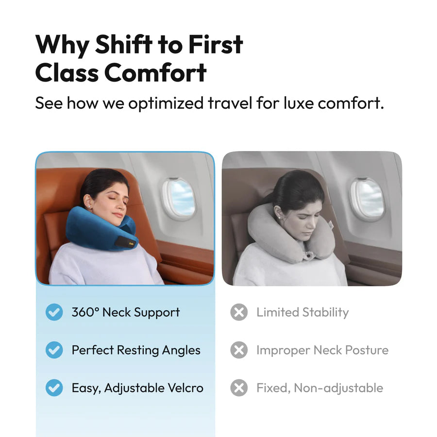 Travel Neck Pillow with Adjustable Velcro, Premium Velvet Cover & All-Round Neck Support