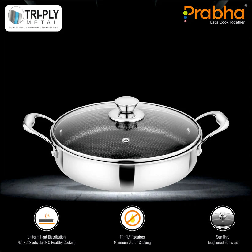Prabha Tri-ply Hexa Cube Sauté Pan With Lid – 2L, 24cm
