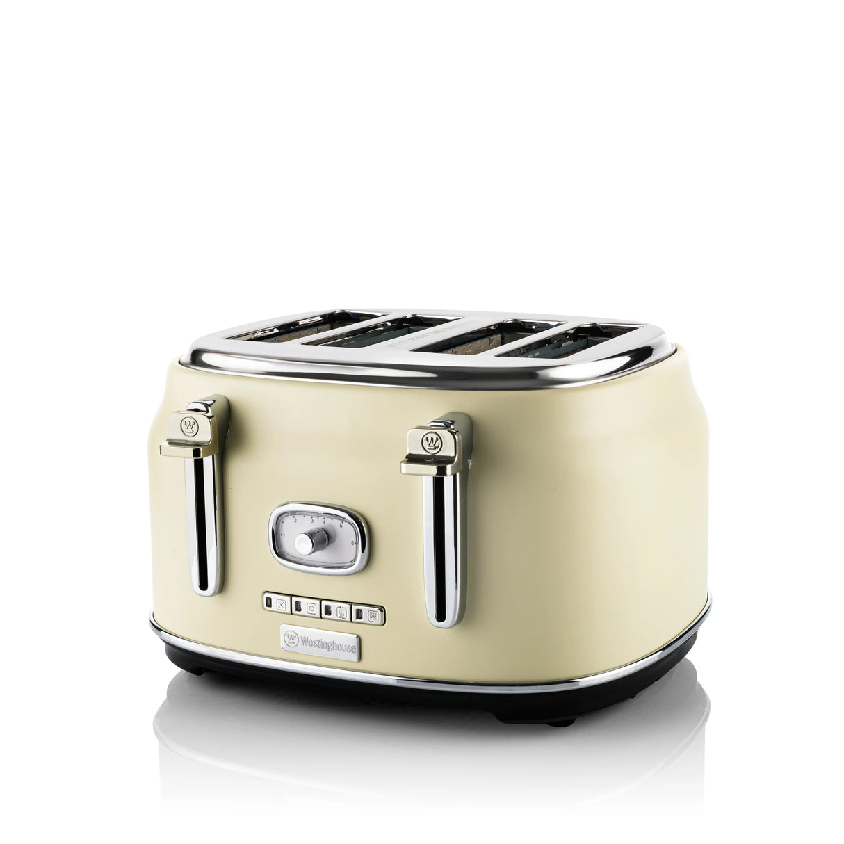 Westinghouse Retro 4 Slice Toaster, Removable Mouthpiece, 6 Tan Levels, Bread Centering, Defrost, Warming and Stopping, Control Indicator, Extendable Bowl White