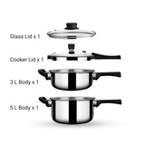 Pressure Cooker Duo 9259 – 3L & 5L Triply Stainless Steel Set with Interchangeable Lids & Resettable Safety Valve
