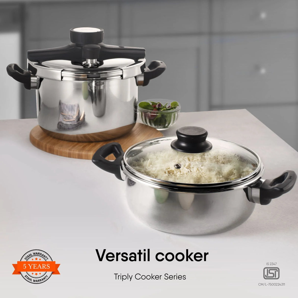 Versatil Triply Stainless Steel Pressure Cooker with Glass Lid – 3L, Induction Friendly 9413