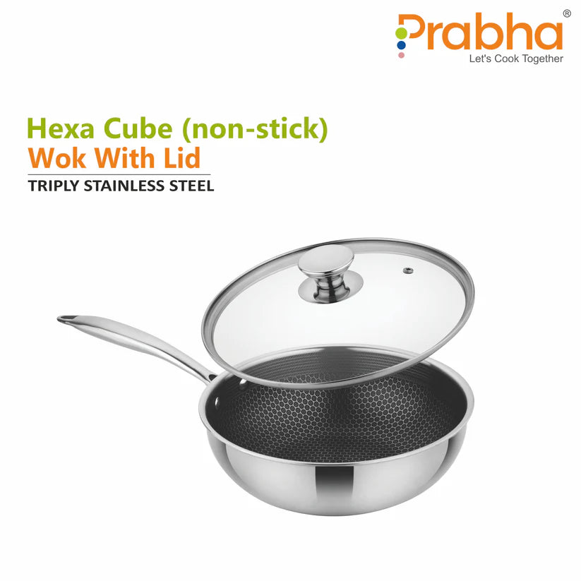 Tri-ply Hexa Cube Wok With Lid – 2.8L, 24cm