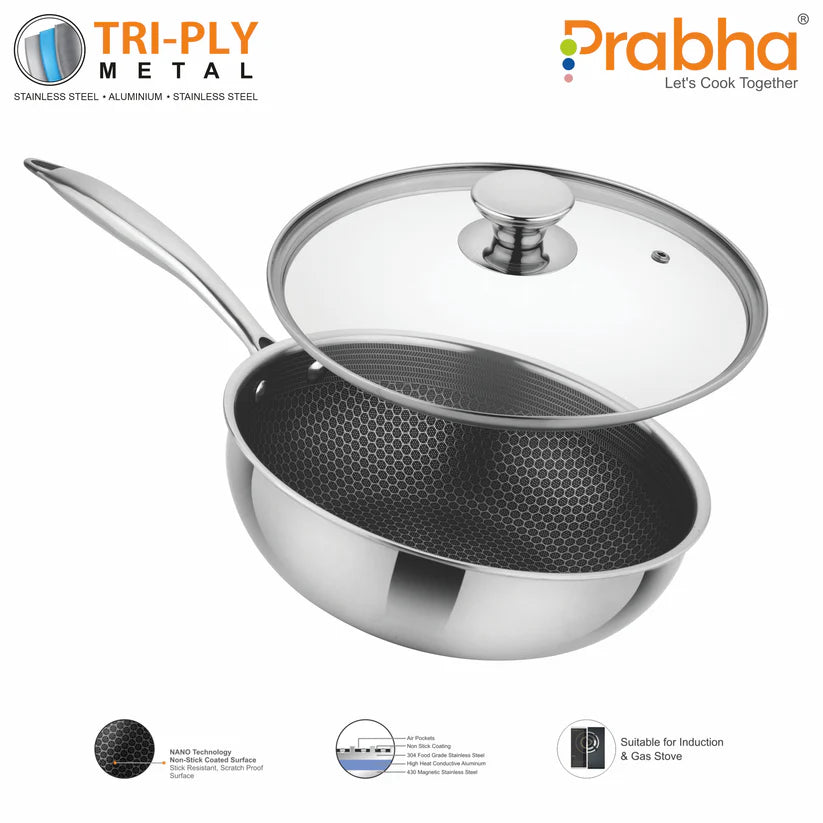 Tri-ply Hexa Cube Wok With Lid – 2.8L, 24cm