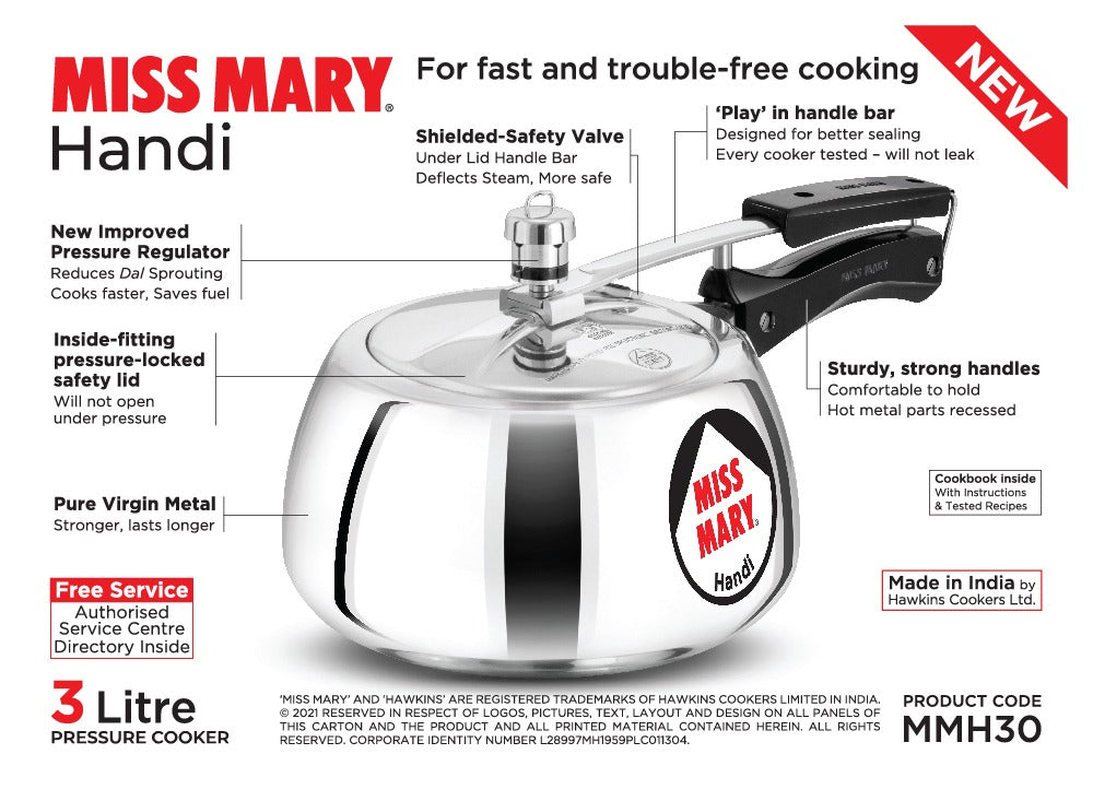 Hawkins Miss Mary Handi Pressure Cooker 3 Litre (MMH30)