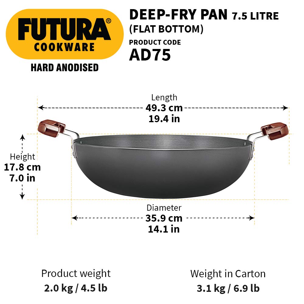 Hawkins Futura 7.5 Litre Hard Anodised Deep-Fry Pan (Flat Bottom) with 2 short handles AD75