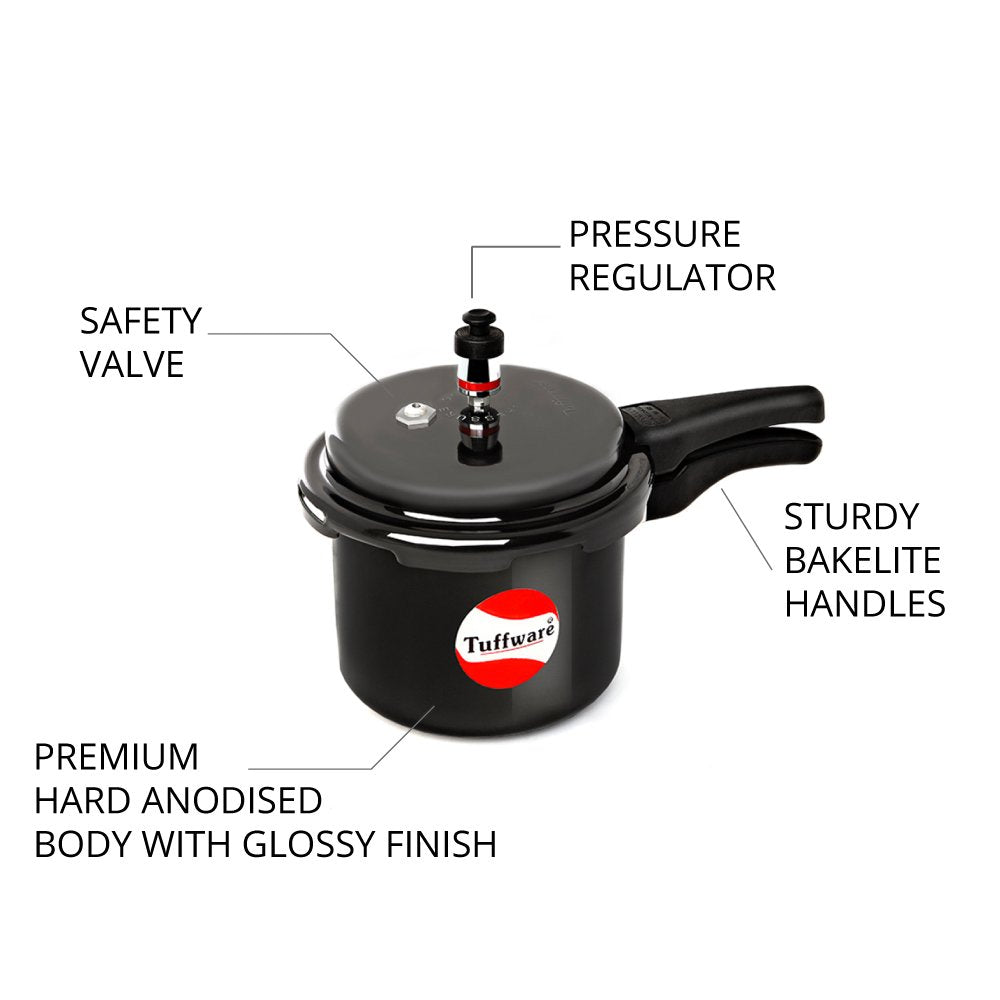 Tuffware Hard Anodised Aluminium Outer Lid Regular Pressure Cooker, 9 Liters, Black