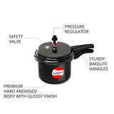 Tuffware Hard Anodised Aluminium Outer Lid Regular Pressure Cooker, 9 Liters, Black