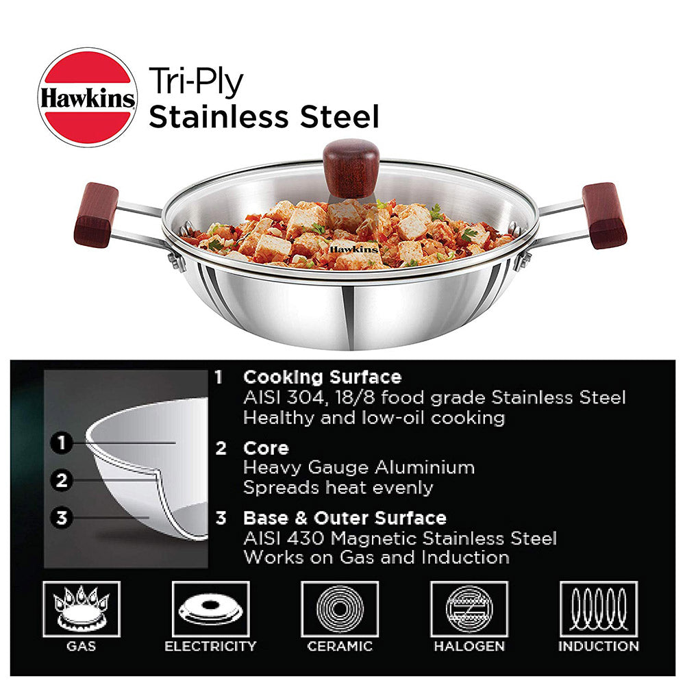 Hawkins Tri-Ply Stainless Steel Deep Fry Pan With Lid 2.5 Litre