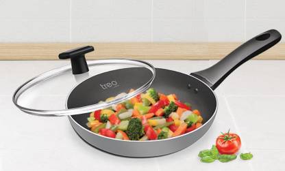 Treo  Black Pearl Induction Fry Pan with Glass Lid Flat Pan 28 cm diameter with Lid  (Aluminium, Non-stick, Induction Bottom)