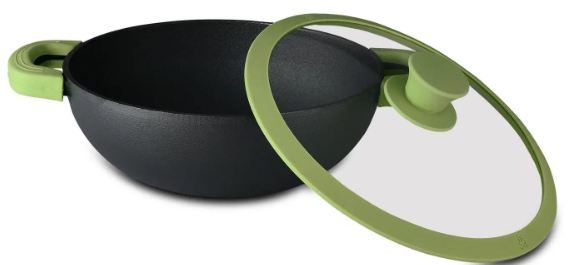 BERGNER ELEMENTS PRE-SEASONED CAST IRON KADAI WITH GLASS LID, INDUCTION COMPATIBLE WITH A STAY-COOL SILICONE HANDLE COVER, BLACK 鈥 25CM LIFETIME WARRANTY